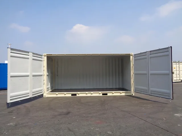 White shipping container with full side doors open.